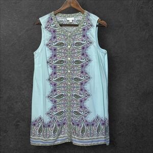 J.Jill Tunic Dress Top Women Size M Blue Paisley Floral Sleeveless Button Front